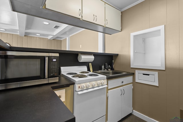 kitchen featuring white cabinetry, sink, coffered ceiling, beamed ceiling, and white range with electric stovetop