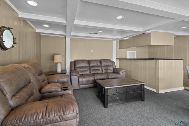 carpeted living room with beamed ceiling and coffered ceiling