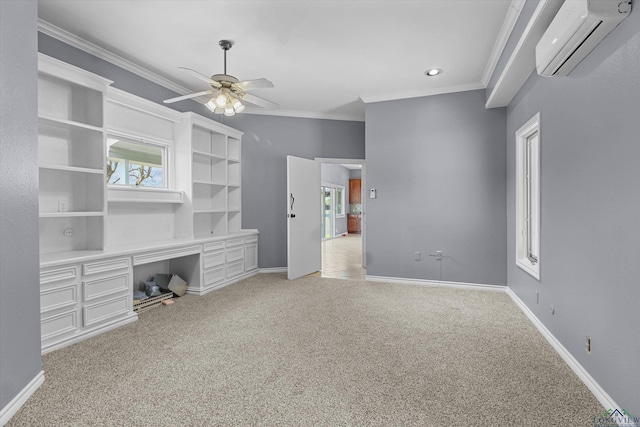 interior space with light colored carpet, a wall mounted AC, ornamental molding, and ceiling fan