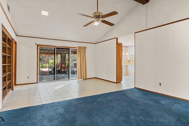 spare room with light carpet, ceiling fan, and lofted ceiling