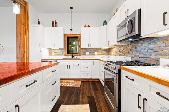 24016 Wildflower Cir, Lindale, TX 75771 - kitchen with stainless steel appliances, wood counters, dark wood-type flooring, tasteful backsplash, and a sink