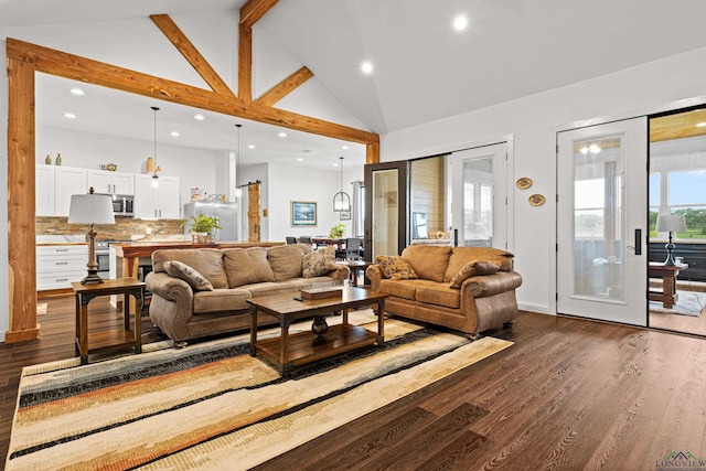 24016 Wildflower Cir, Lindale, TX 75771 - living area featuring dark wood finished floors, recessed lighting, high vaulted ceiling, and beam ceiling