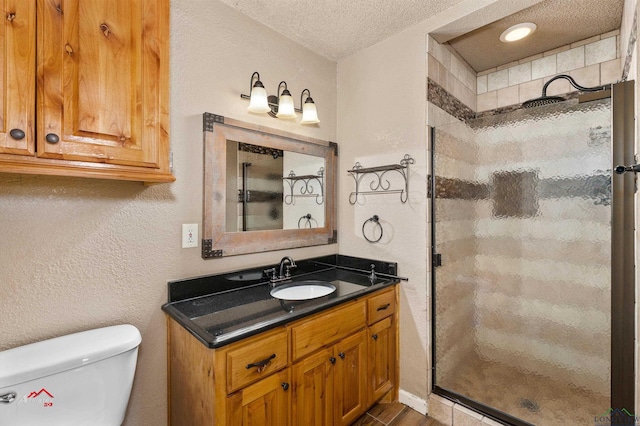 bathroom with vanity, a textured ceiling, toilet, and walk in shower