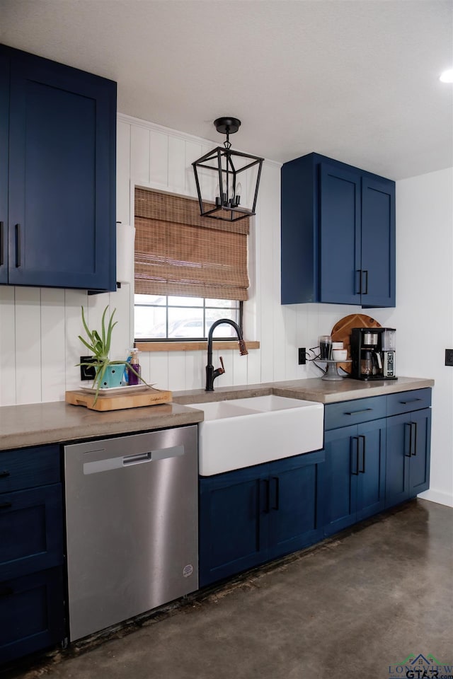 kitchen featuring stainless steel dishwasher, blue cabinets, sink, an inviting chandelier, and hanging light fixtures