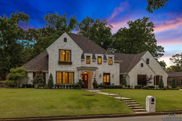 1307 Yates Dr, Longview, TX 75601 - french country home featuring a lawn, brick siding, and roof with shingles