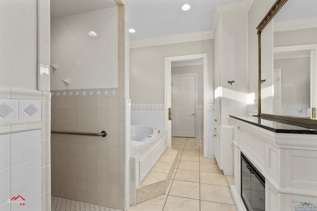 bathroom with independent shower and bath, tile patterned flooring, tile walls, and ornamental molding