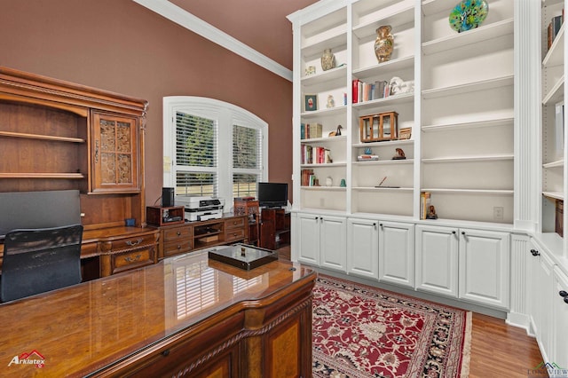 home office with light hardwood / wood-style flooring and crown molding