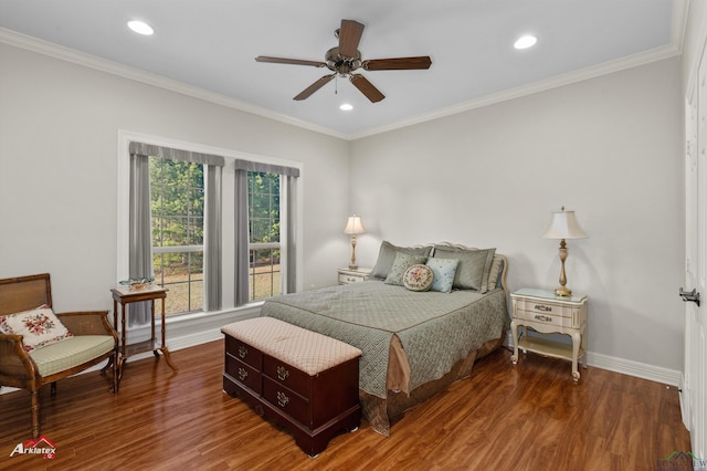 bedroom featuring dark wood-type flooring, crown molding, and ceiling fan