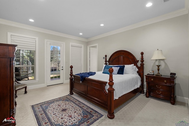 carpeted bedroom with access to outside and crown molding