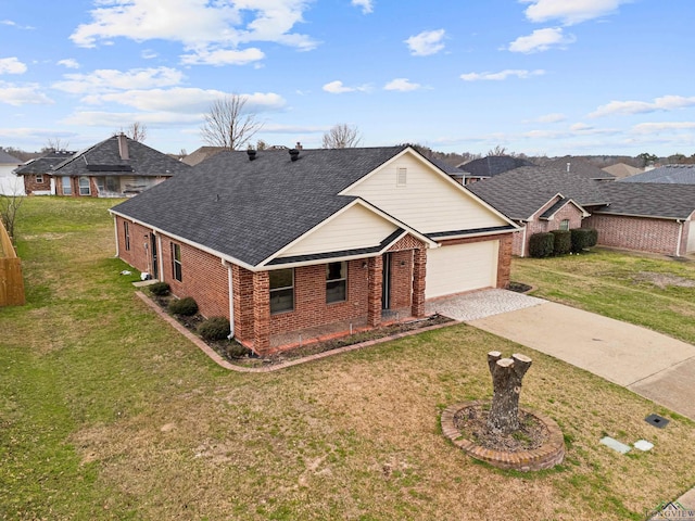 single story home featuring a garage and a front yard