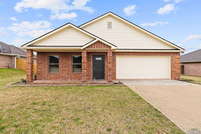 ranch-style home with a garage and a front lawn