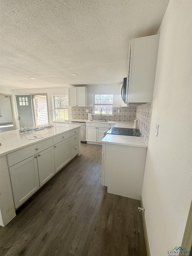 kitchen featuring white cabinetry, dark hardwood / wood-style flooring, stainless steel dishwasher, backsplash, and a textured ceiling