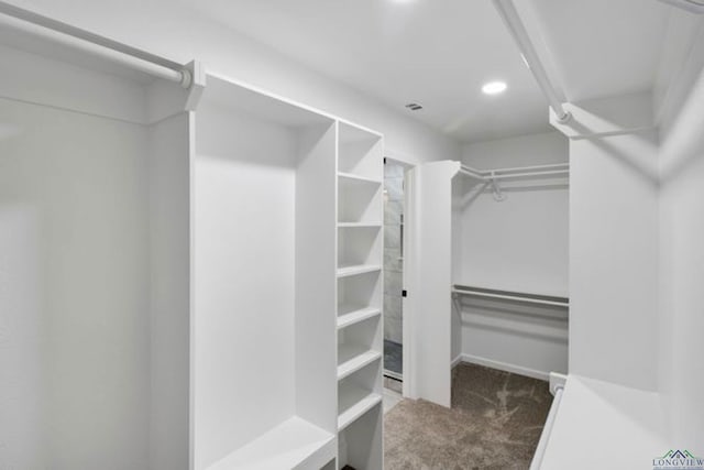 spacious closet with dark colored carpet