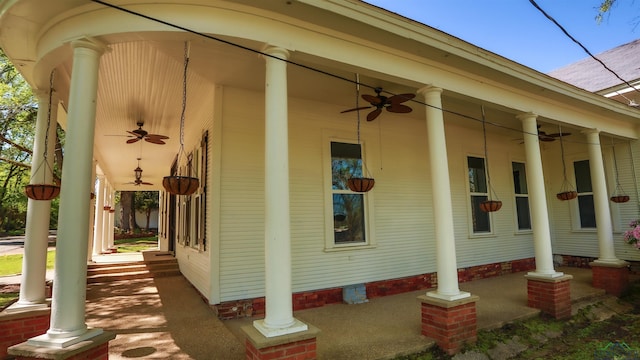 view of patio / terrace with ceiling fan and covered porch