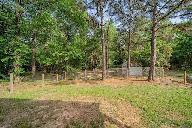 view of yard with fence, a storage shed, and an outbuilding