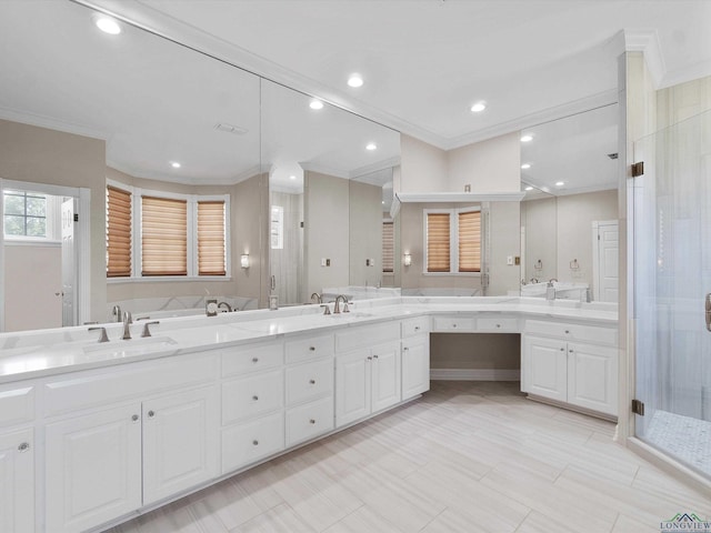 bathroom featuring vanity, an enclosed shower, and ornamental molding