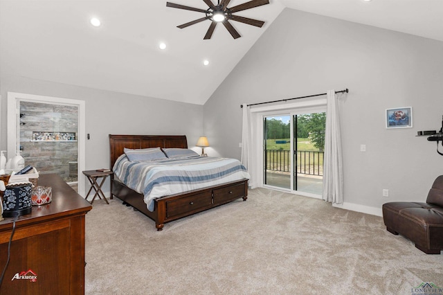 carpeted bedroom featuring access to exterior, ceiling fan, and high vaulted ceiling