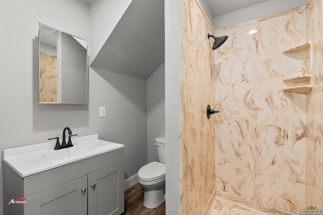 bathroom featuring walk in shower, vanity, wood-type flooring, and toilet