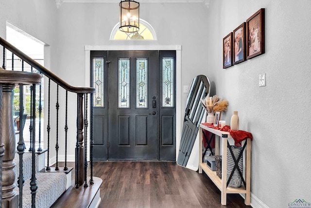 foyer entrance featuring a high ceiling, dark wood-type flooring, and a healthy amount of sunlight