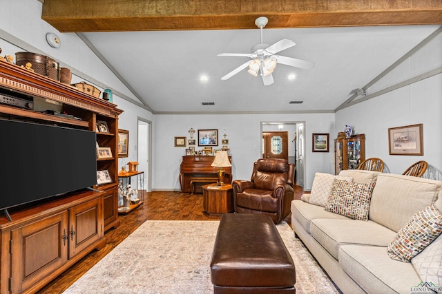 8 Honeysuckle Ln, Longview, TX 75605 - living room with dark wood-style flooring, a ceiling fan, ornamental molding, and baseboards