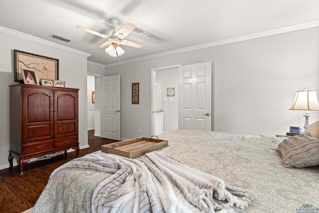 8 Honeysuckle Ln, Longview, TX 75605 - bedroom featuring crown molding, dark wood-style flooring, baseboards, and a ceiling fan