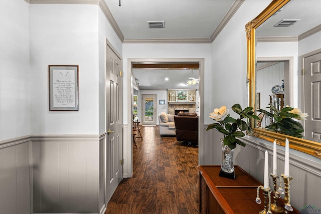 8 Honeysuckle Ln, Longview, TX 75605 - corridor featuring ornamental molding, dark wood-style floors, and wainscoting