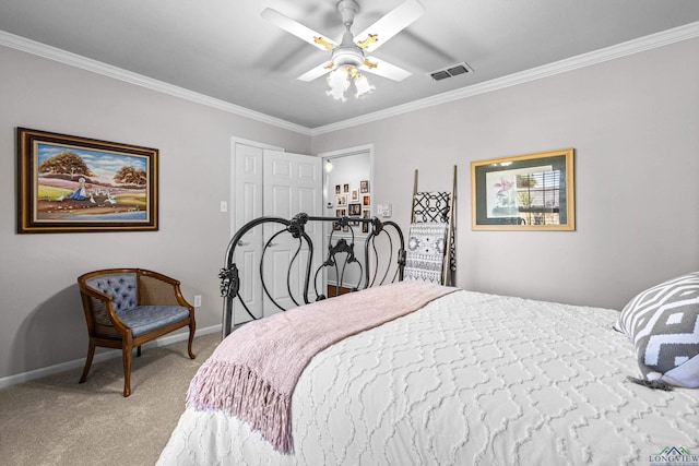 8 Honeysuckle Ln, Longview, TX 75605 - bedroom with light carpet, ornamental molding, baseboards, ceiling fan, and a closet