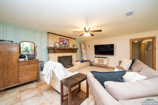 12545 Fm 968 W, Longview, TX 75602 - living room featuring a ceiling fan and a brick fireplace