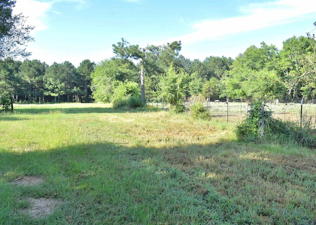 view of yard with fence, a rural view, and a wooded view