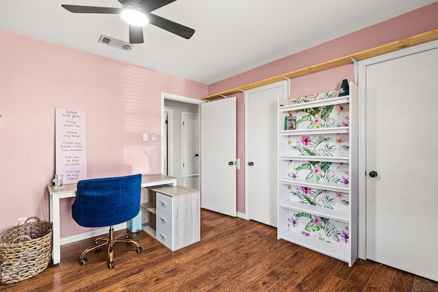 office featuring a ceiling fan, visible vents, and dark wood finished floors