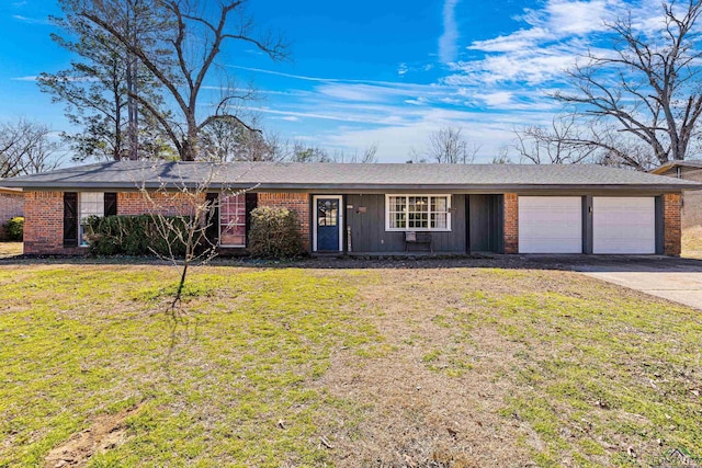 single story home with driveway, an attached garage, board and batten siding, and a front lawn