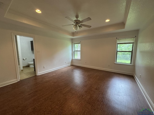 spare room featuring ceiling fan, a healthy amount of sunlight, and a tray ceiling