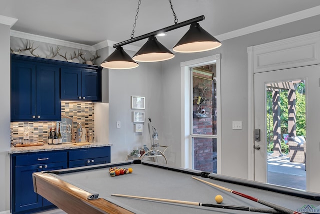 rec room with sink, ornamental molding, and pool table