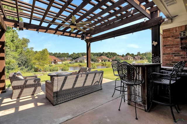 view of patio with a pergola, outdoor lounge area, a water view, and exterior bar