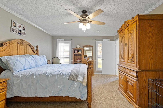 bedroom featuring light carpet, a textured ceiling, crown molding, and ceiling fan