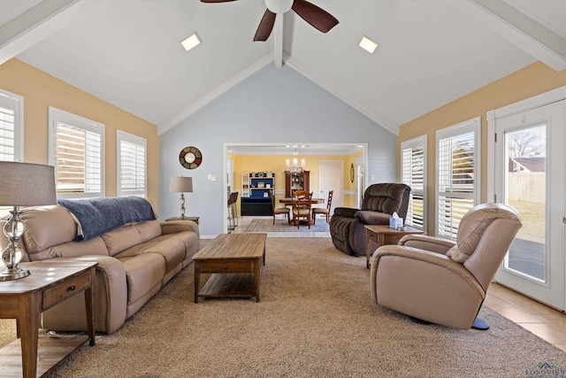 tiled living room featuring high vaulted ceiling, ceiling fan with notable chandelier, and beam ceiling