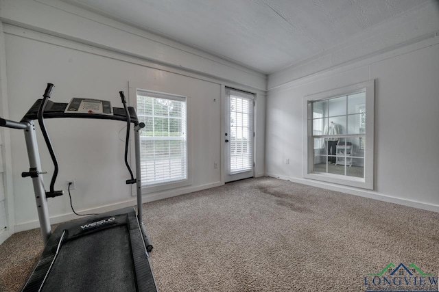 workout area with carpet floors