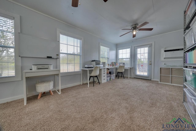 office space with ceiling fan, ornamental molding, and carpet flooring