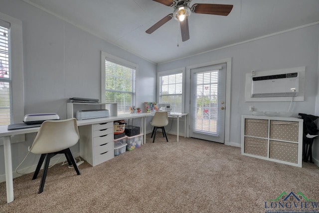 carpeted home office featuring crown molding, a wealth of natural light, and a wall mounted AC