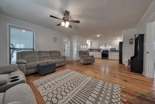 living room with sink, light hardwood / wood-style flooring, ornamental molding, and ceiling fan