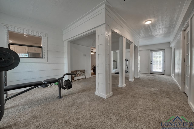 interior space with ornamental molding and carpet