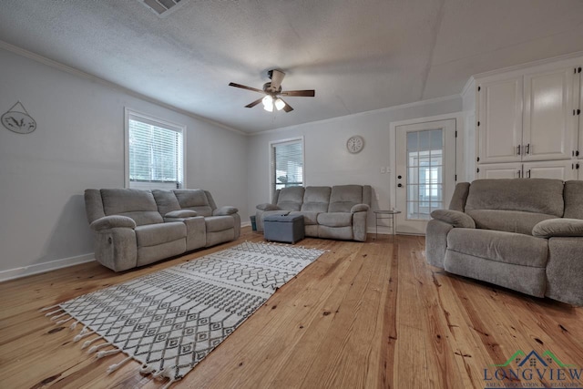 living room featuring a textured ceiling, ornamental molding, light hardwood / wood-style floors, and a healthy amount of sunlight