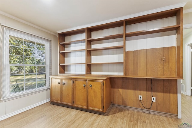 interior space featuring crown molding and light hardwood / wood-style floors