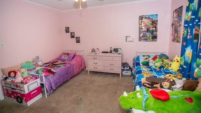 carpeted bedroom featuring ceiling fan, a textured ceiling, and ornamental molding