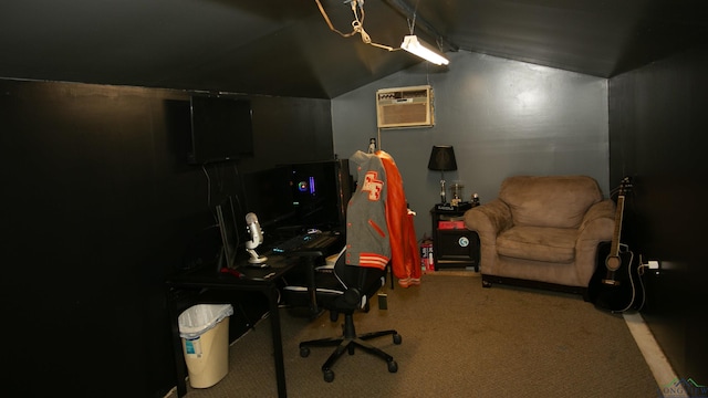 home office featuring a wall unit AC and vaulted ceiling