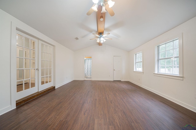 1230 Myrtle, Kilgore, TX 75662 - spare room with ceiling fan, dark wood finished floors, and vaulted ceiling