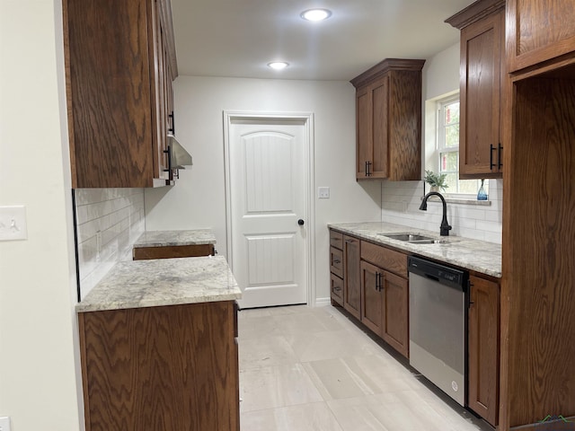 kitchen featuring sink, backsplash, stainless steel dishwasher, and light stone countertops