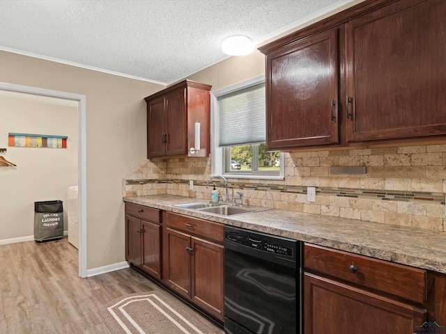 kitchen with ornamental molding, a textured ceiling, sink, light hardwood / wood-style flooring, and black dishwasher