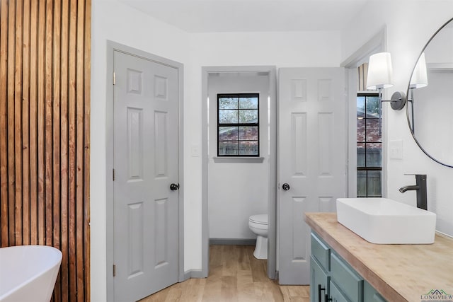 bathroom with a bath, vanity, wood-type flooring, and toilet