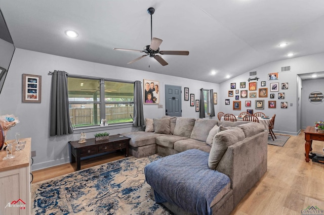 3315 N US Highway 259, Kilgore, TX 75662 - living area featuring vaulted ceiling, ceiling fan, light wood-style floors, baseboards, and recessed lighting